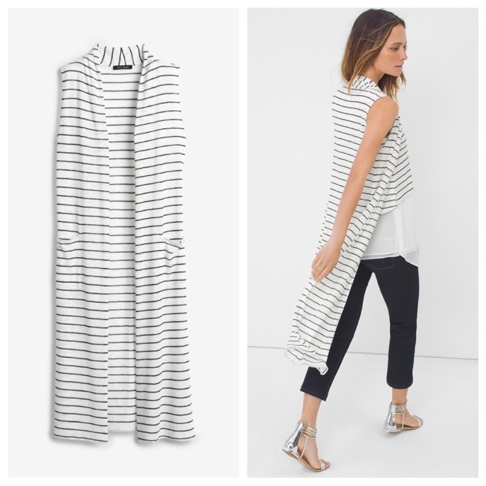 WHBM Relaxed Fit Black & White Stripe Sleeveless Longline Duster with Pockets